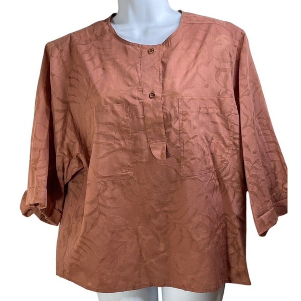 Pierre Cardin 12 Rust Leaf Pattern Button Up Top 3/4 Sleeve‎ burnout peasant